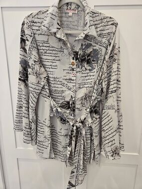 Mishca White Floral Script Tie-Front Button Down Shirt